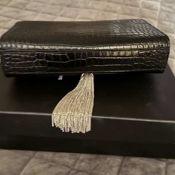 Yves Saint Laurent Black Croc-Embossed Tissel Clutch with Silver Chain - Picture 3 of 3